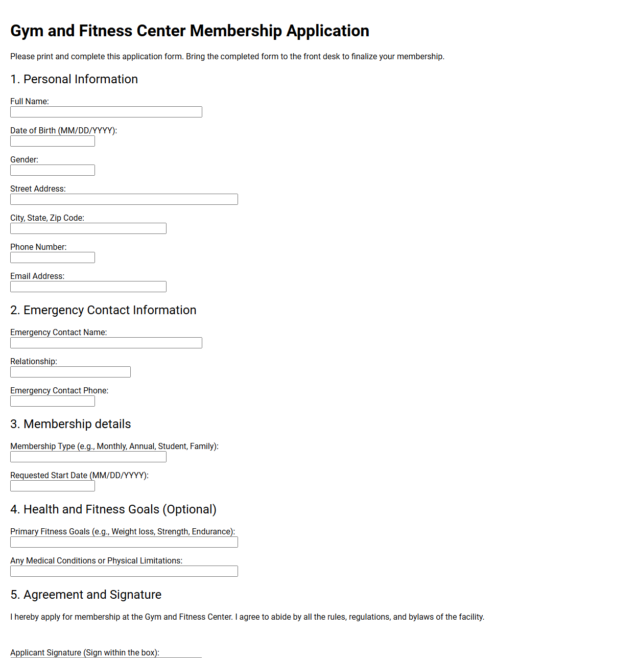 Gym and Fitness Center Membership Application