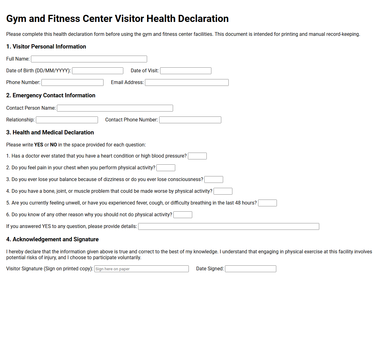 Gym and Fitness Center Visitor Health Declaration