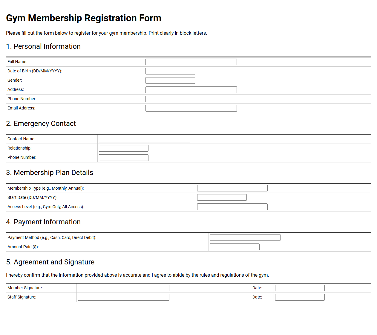 Gym Membership Registration Form Template