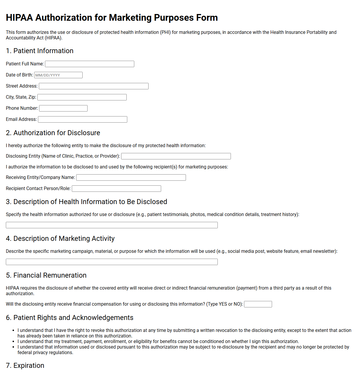 HIPAA Authorization for Marketing Purposes Form