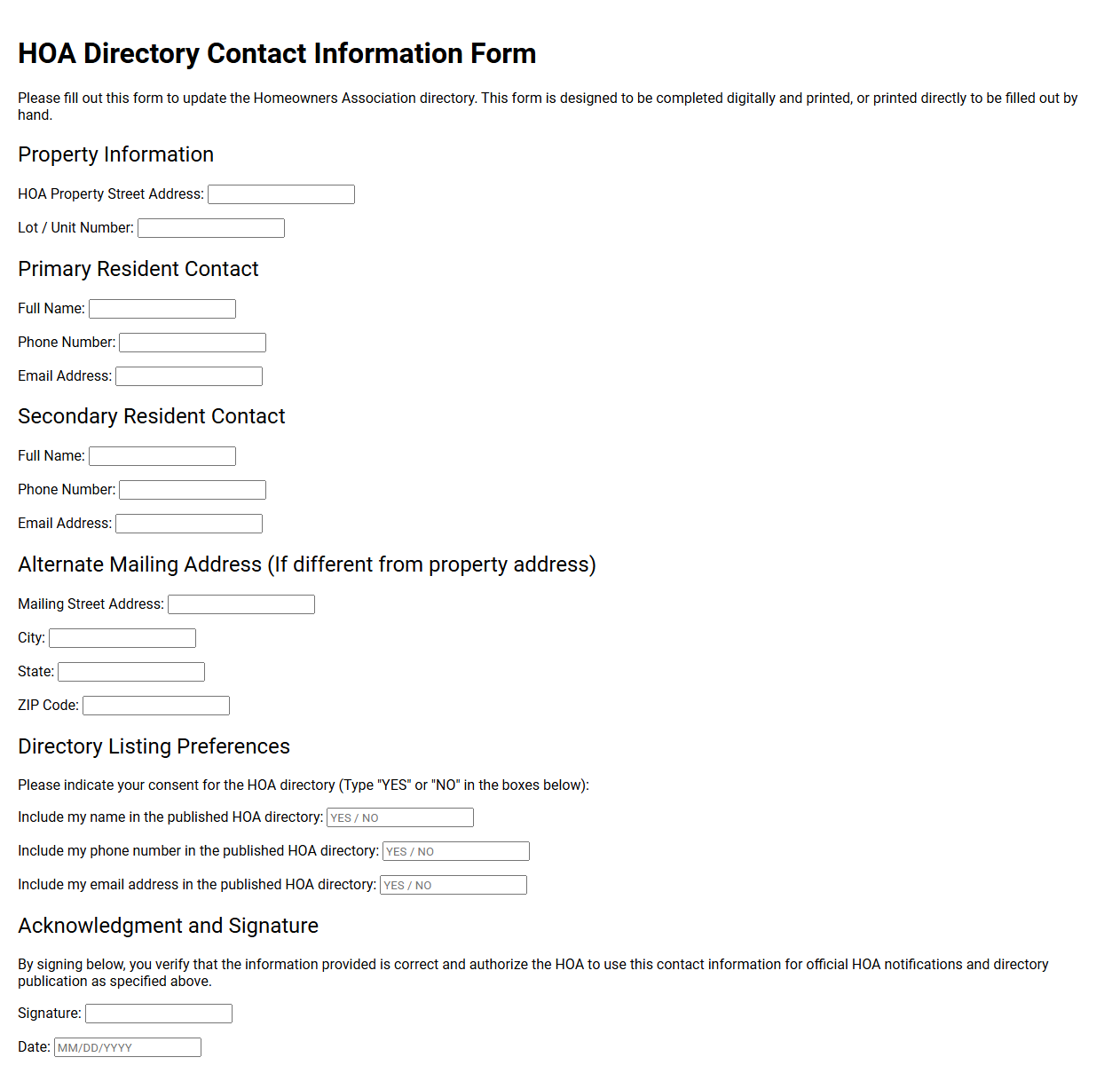 HOA Directory Contact Information Form