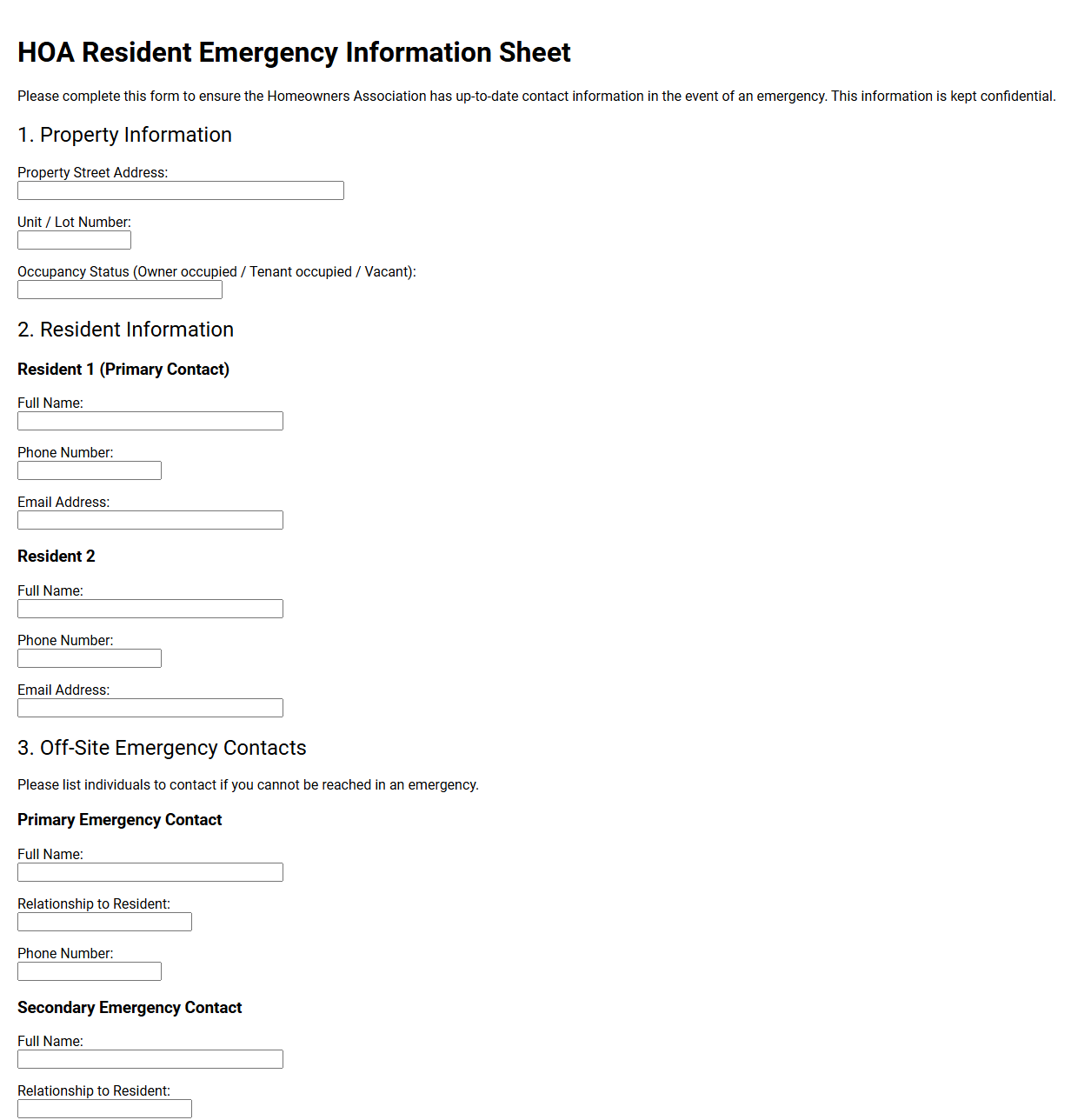 HOA Resident Emergency Information Sheet