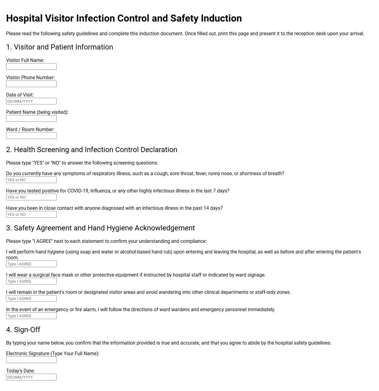 Hospital Visitor Infection Control and Safety Induction
