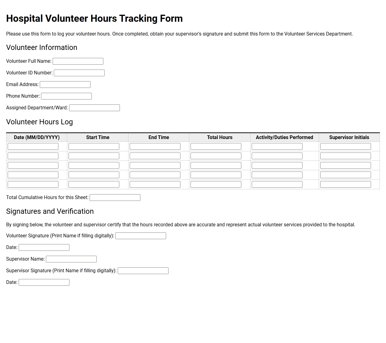 Hospital Volunteer Hours Tracking Form