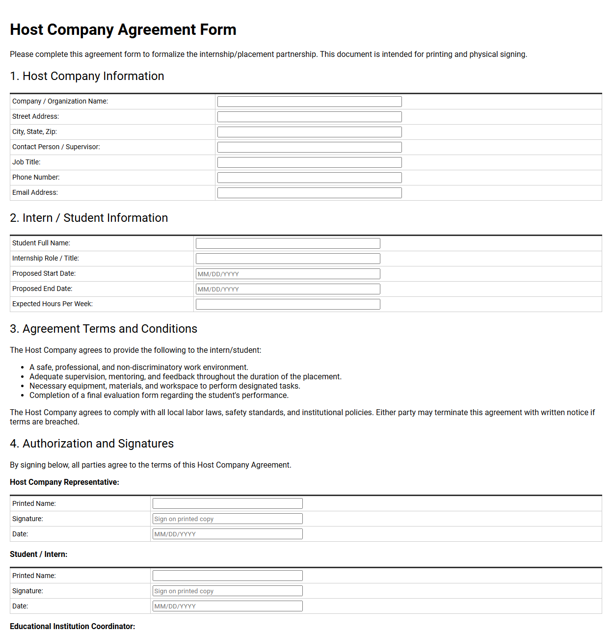 Host Company Agreement Form