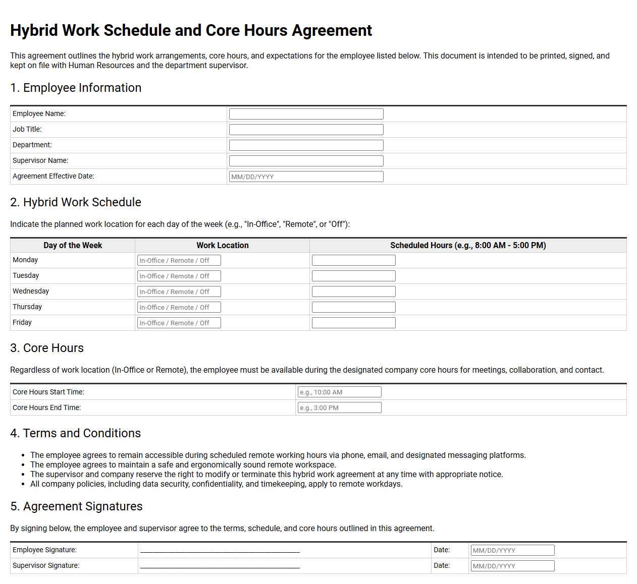 Hybrid Work Schedule and Core Hours Agreement