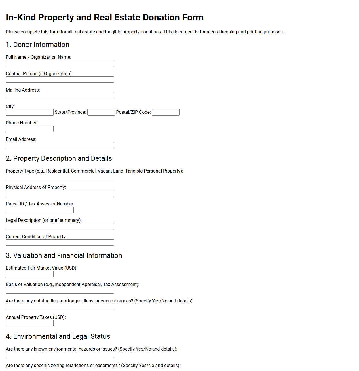 In-Kind Property and Real Estate Donation Form