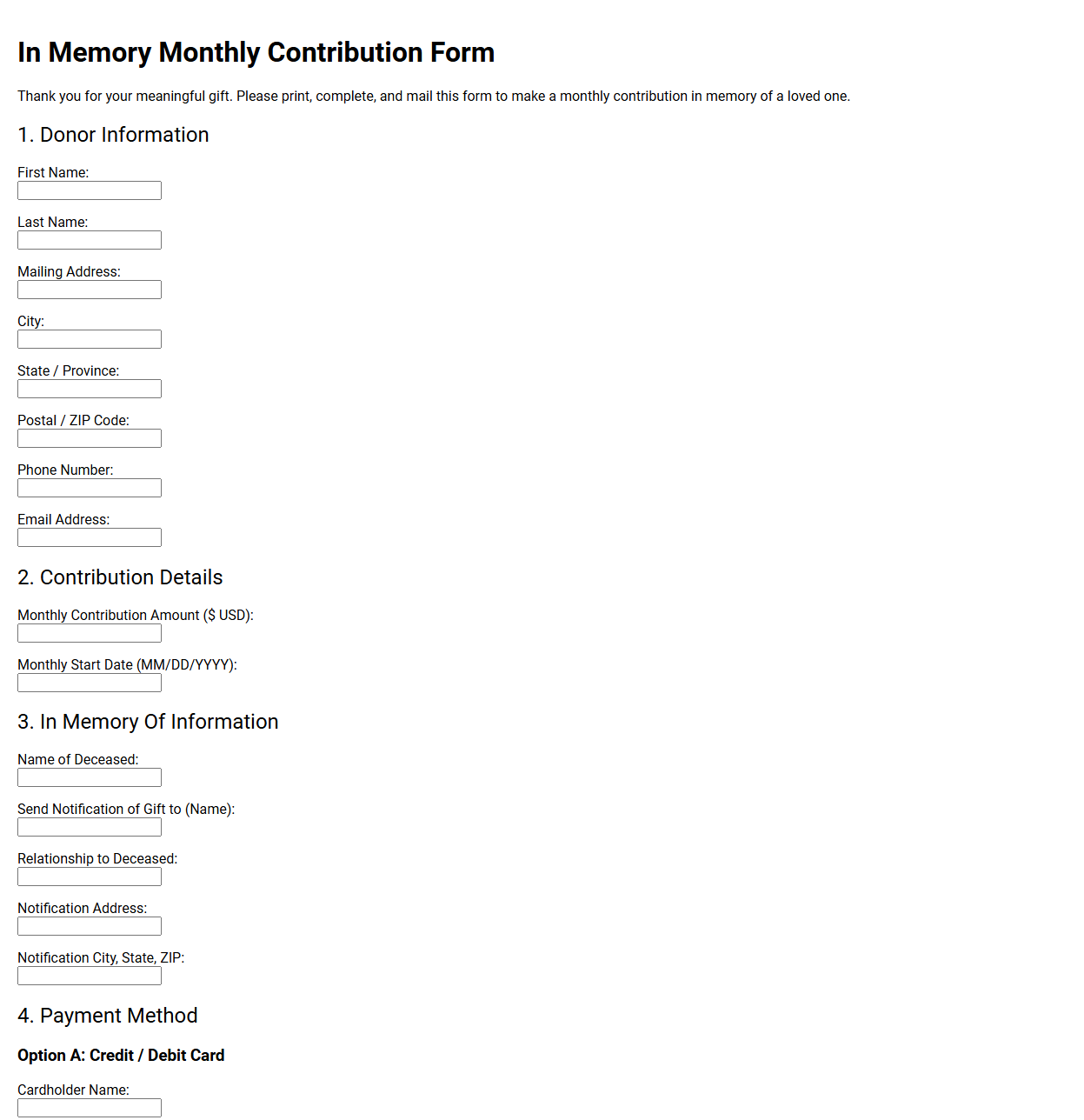 In Memory Monthly Contribution Form