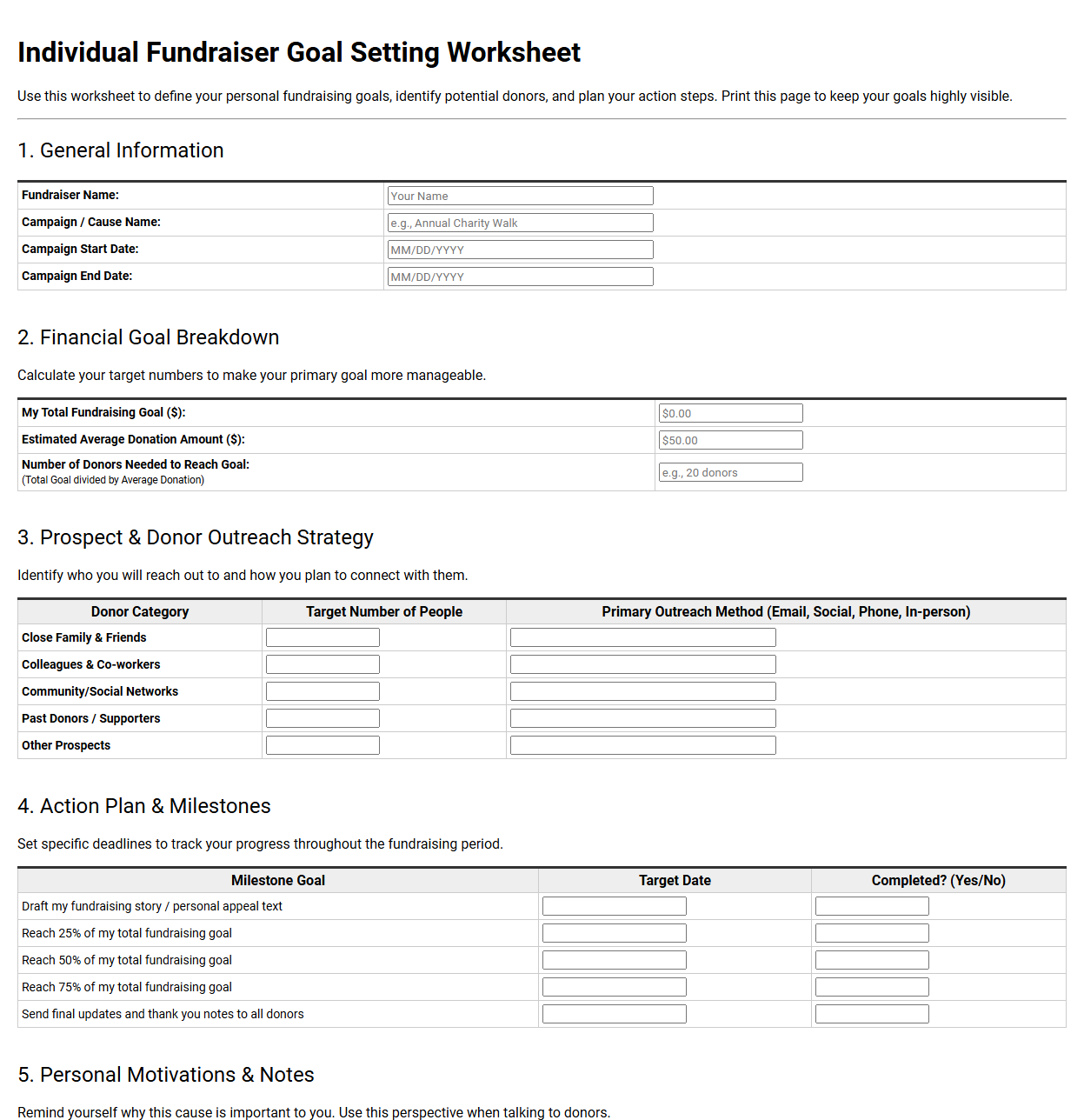 Individual Fundraiser Goal Setting Worksheet
