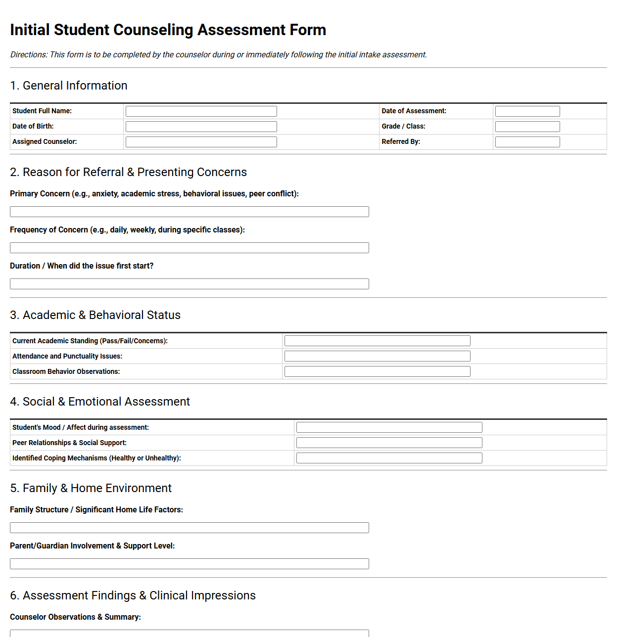 Initial Student Counseling Assessment Form