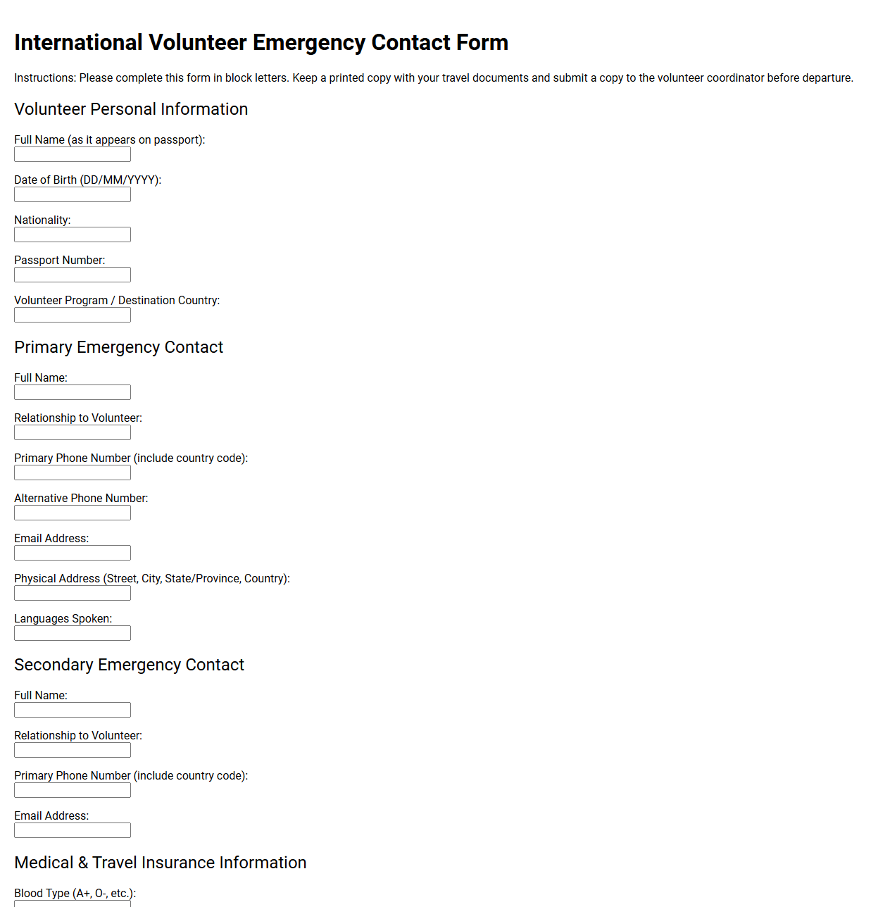 International Volunteer Emergency Contact Form