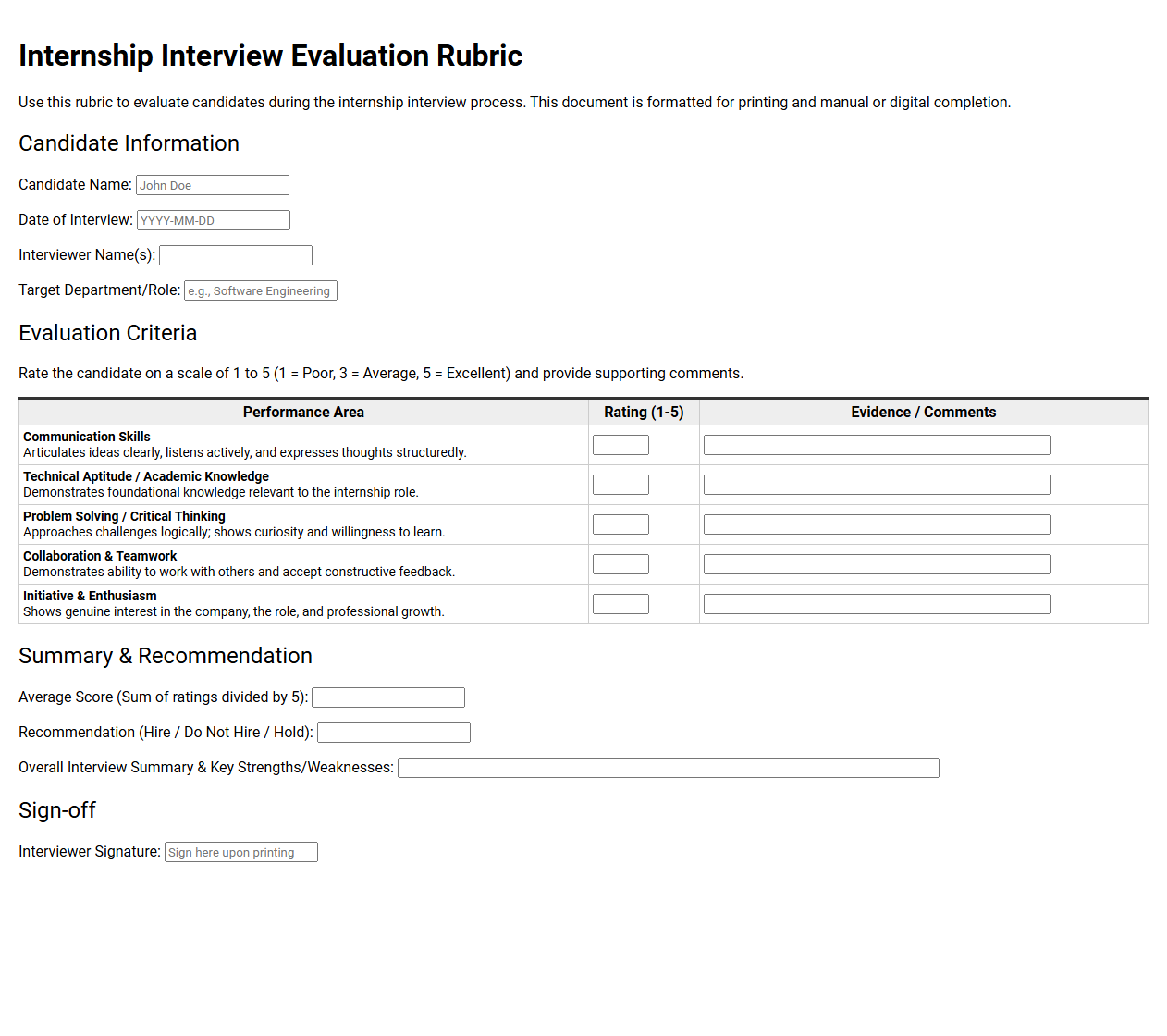Internship Interview Evaluation Rubric