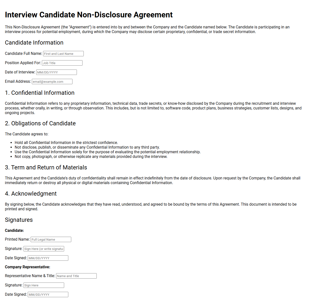 Interview Candidate Non Disclosure Form
