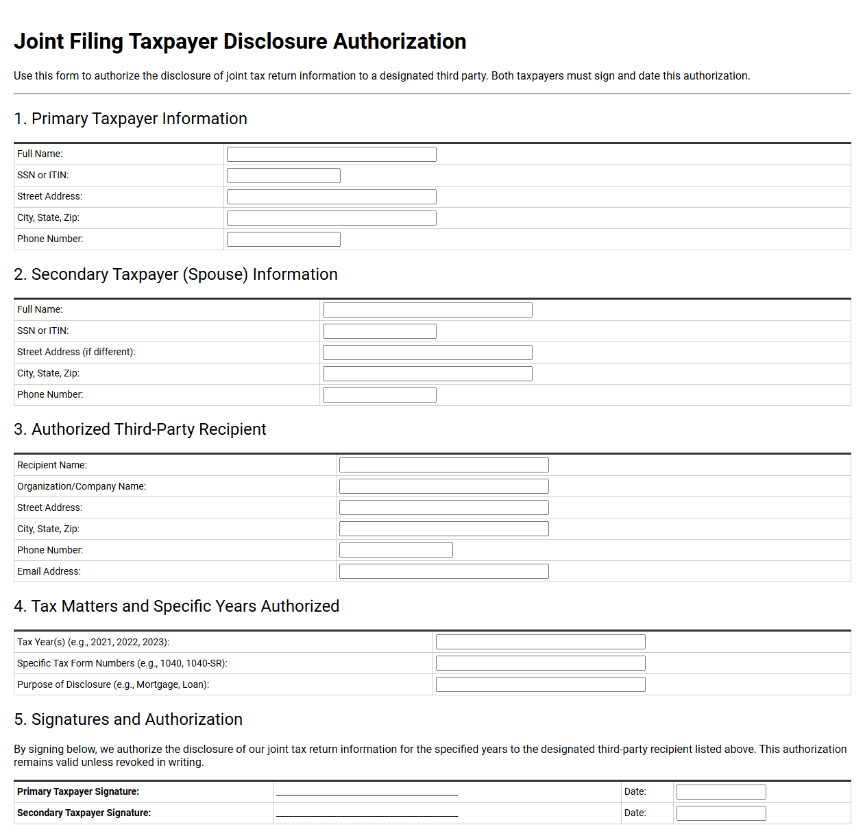 Joint Filing Taxpayer Disclosure Authorization Template