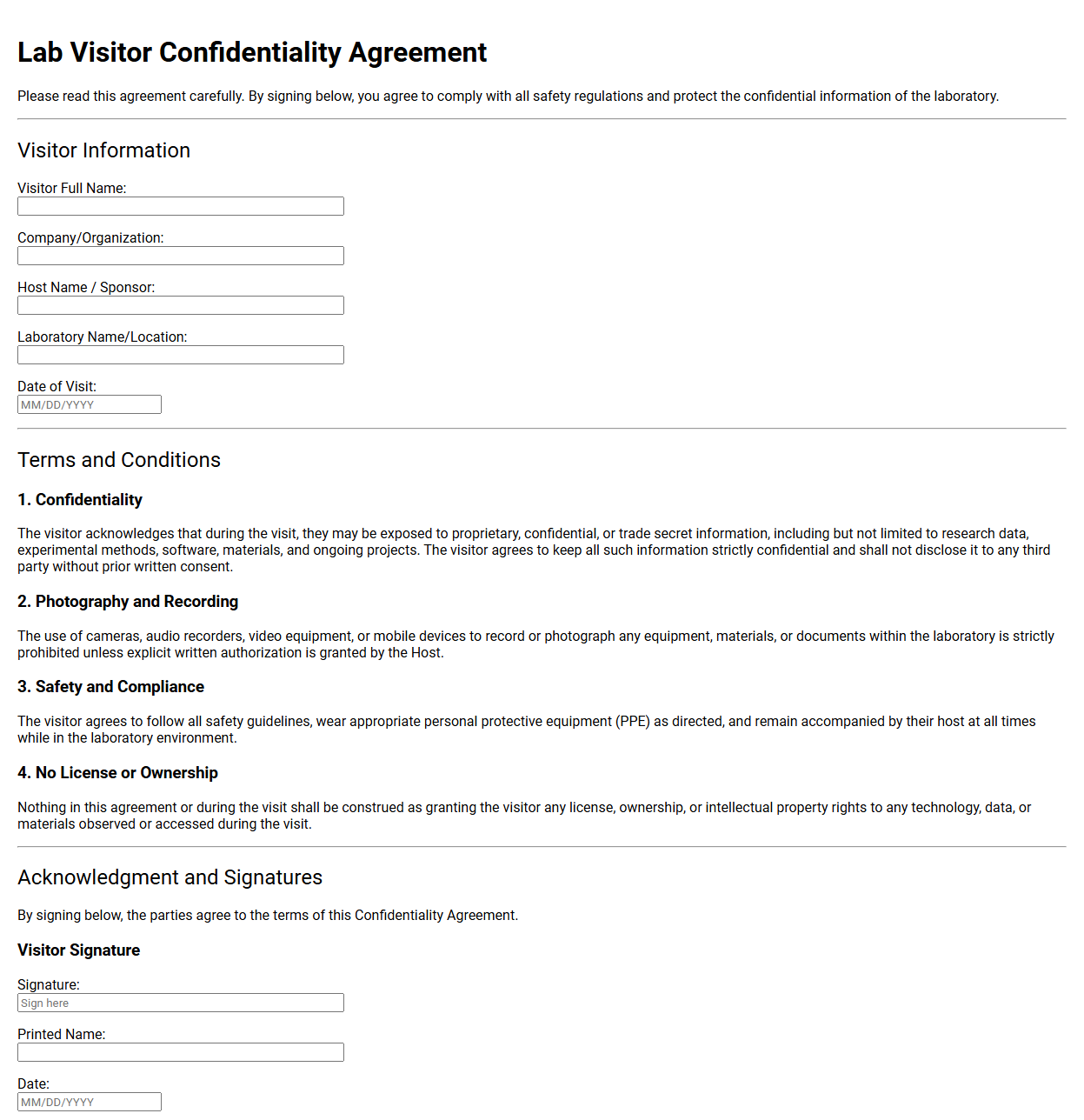 Lab Visitor Confidentiality Agreement Template