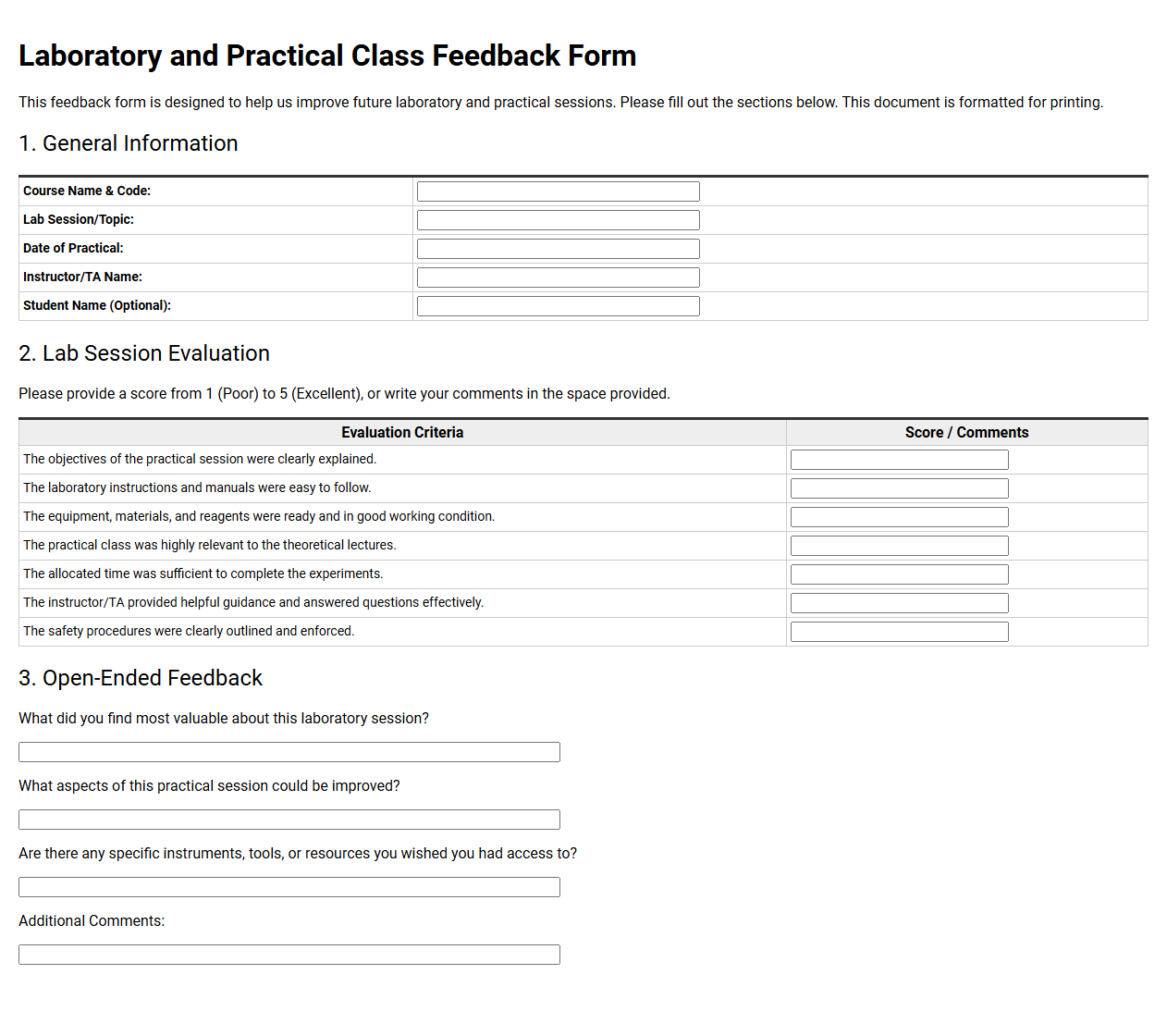 Laboratory and Practical Class Feedback Form