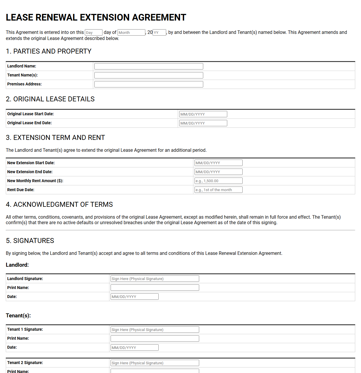 Landlord Tenant Lease Renewal Extension Form