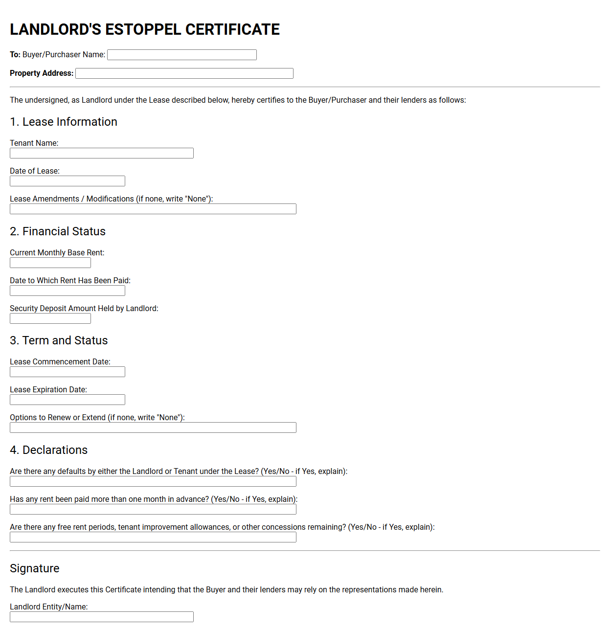 Landlord to Buyer Tenant Estoppel Certificate
