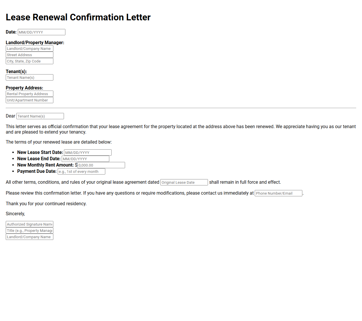 Lease Renewal Confirmation Letter Template