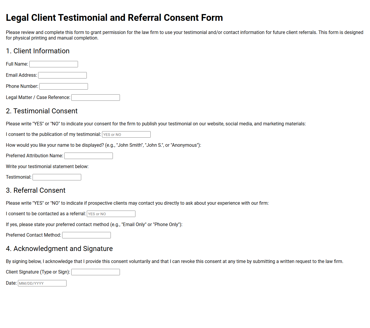 Legal Client Testimonial and Referral Consent Form