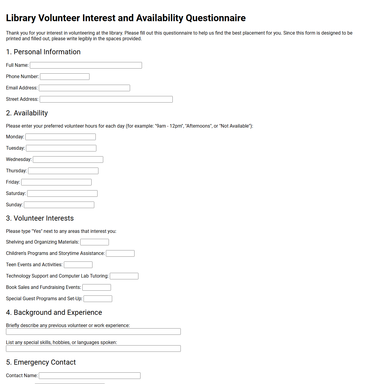Library Volunteer Interest and Availability Questionnaire