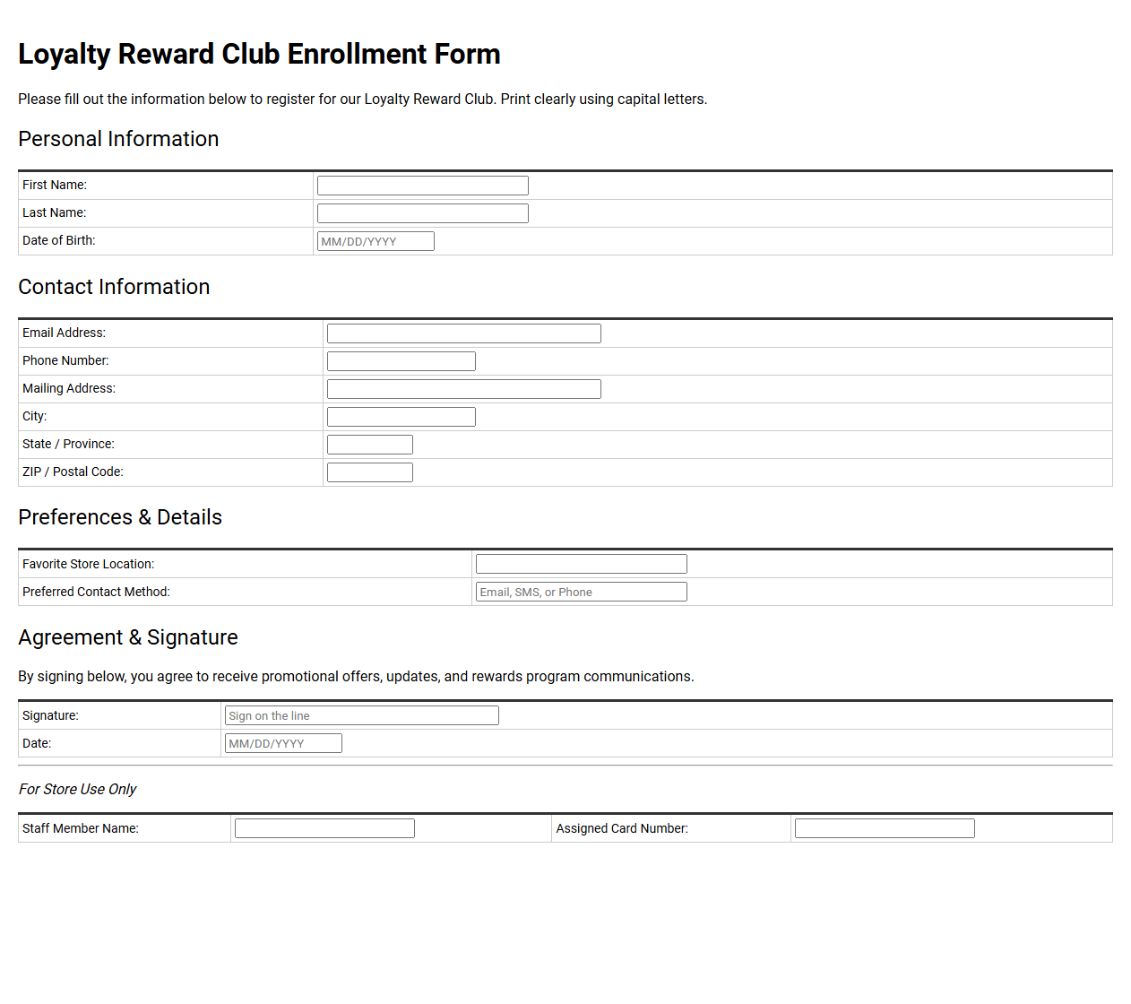 Loyalty Reward Club Enrollment Form Template