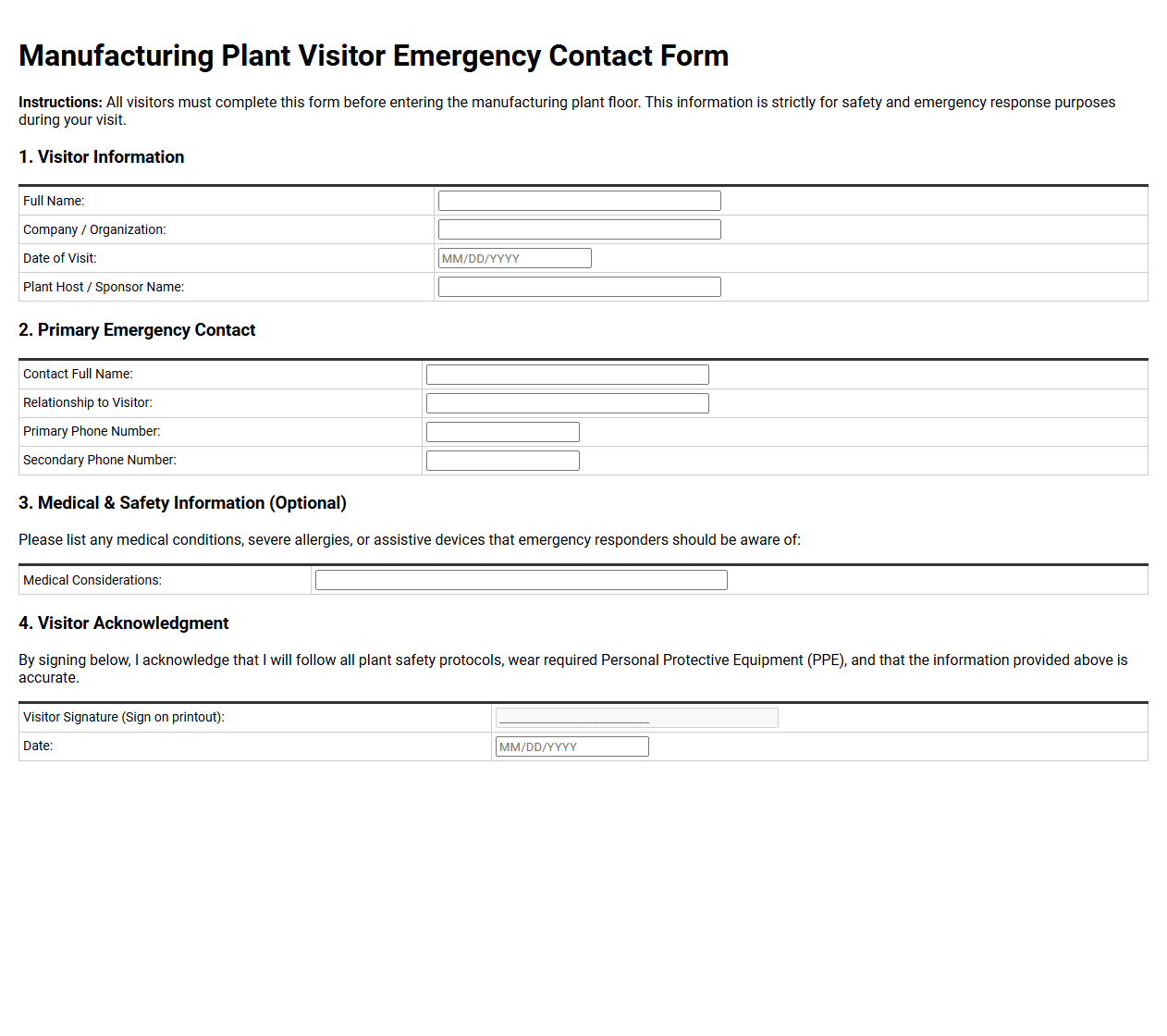 Manufacturing Plant Visitor Emergency Contact Form