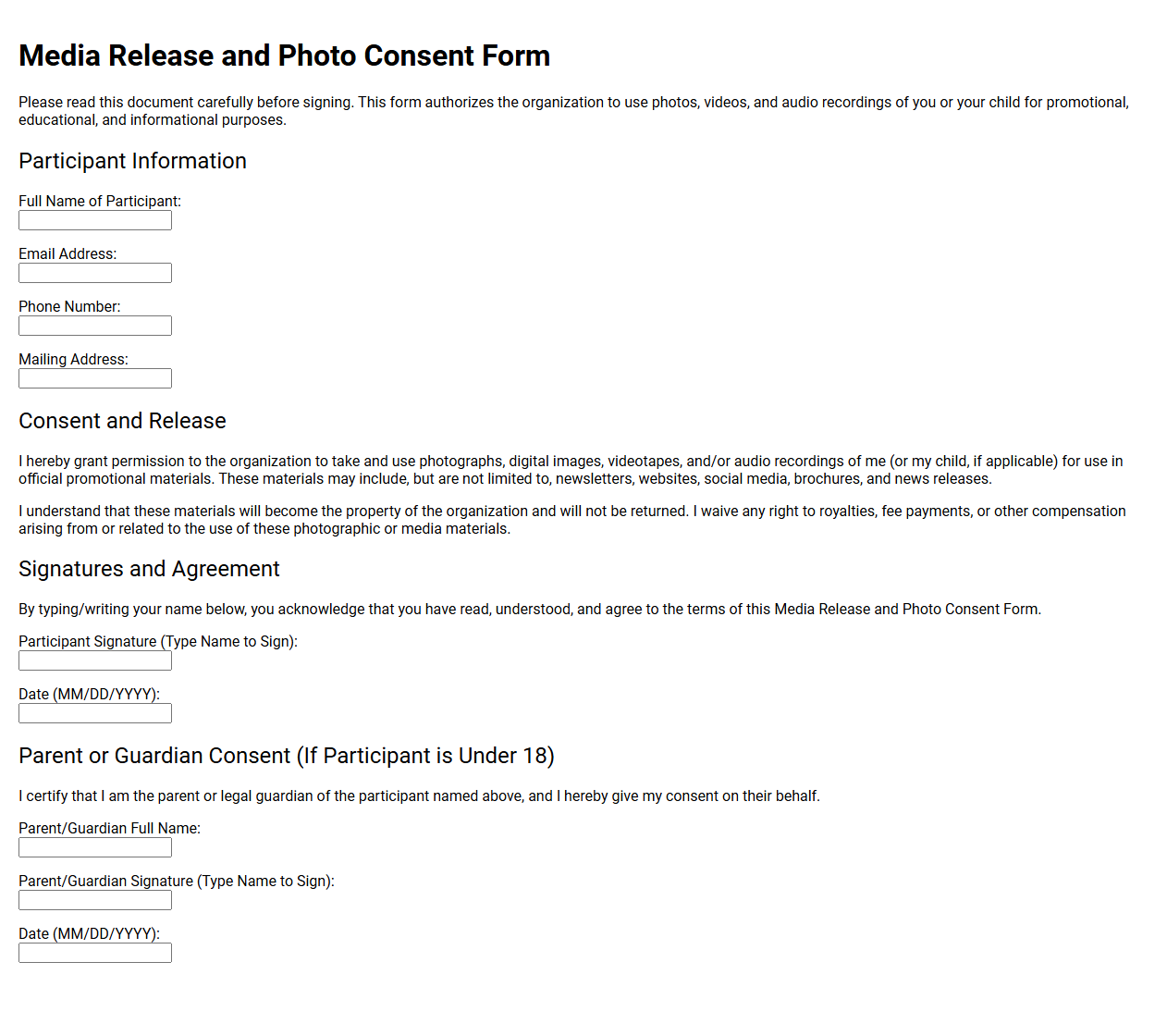 Media Release and Photo Consent Form