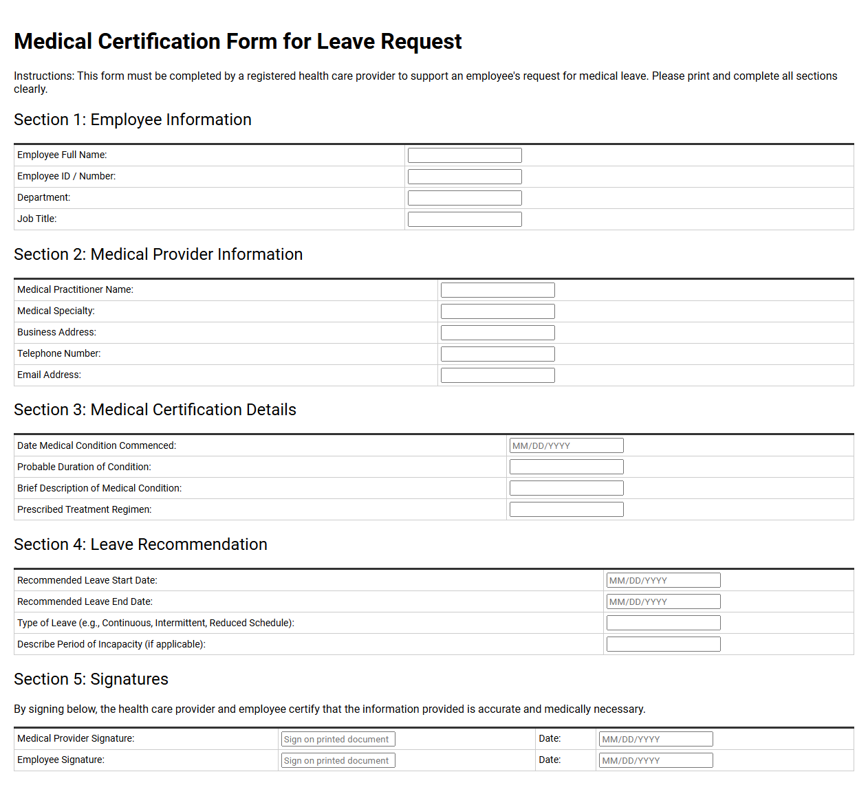 Medical Certification Form for Leave Request
