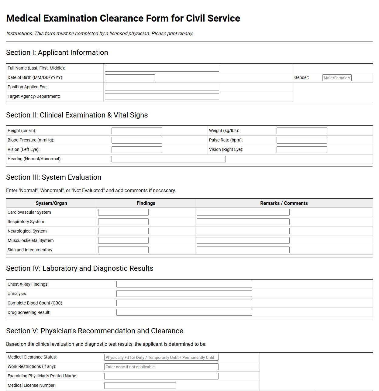 Medical Examination Clearance Form for Civil Service