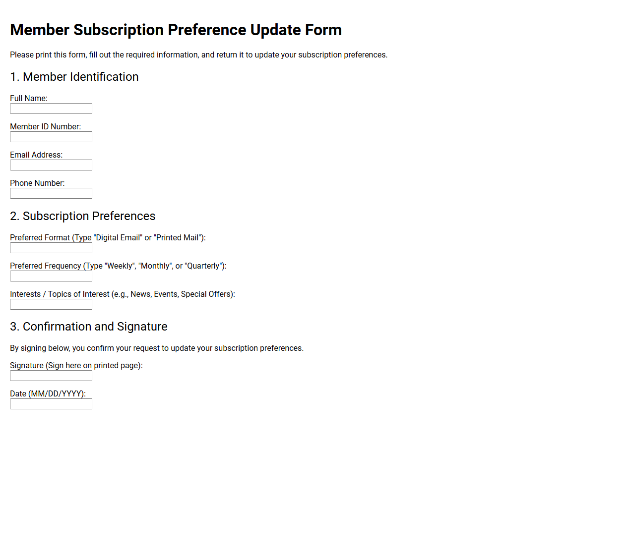Member Subscription Preference Update Form