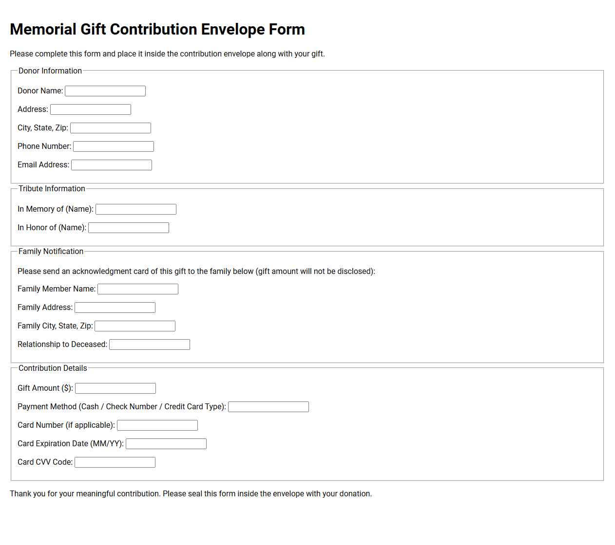 Memorial Gift Contribution Envelope Form