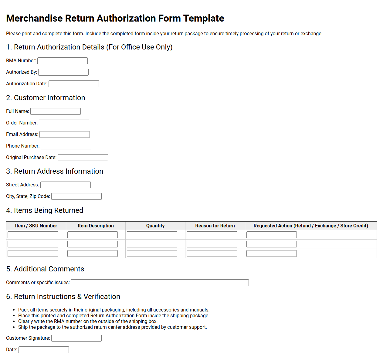 Merchandise Return Authorization Form Template