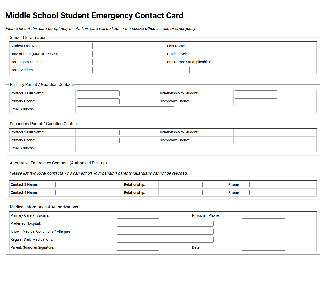 Middle School Student Emergency Contact Card