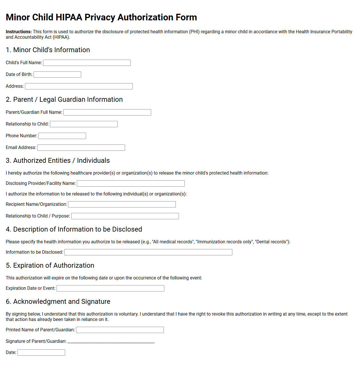 Minor Child HIPAA Privacy Authorization Template