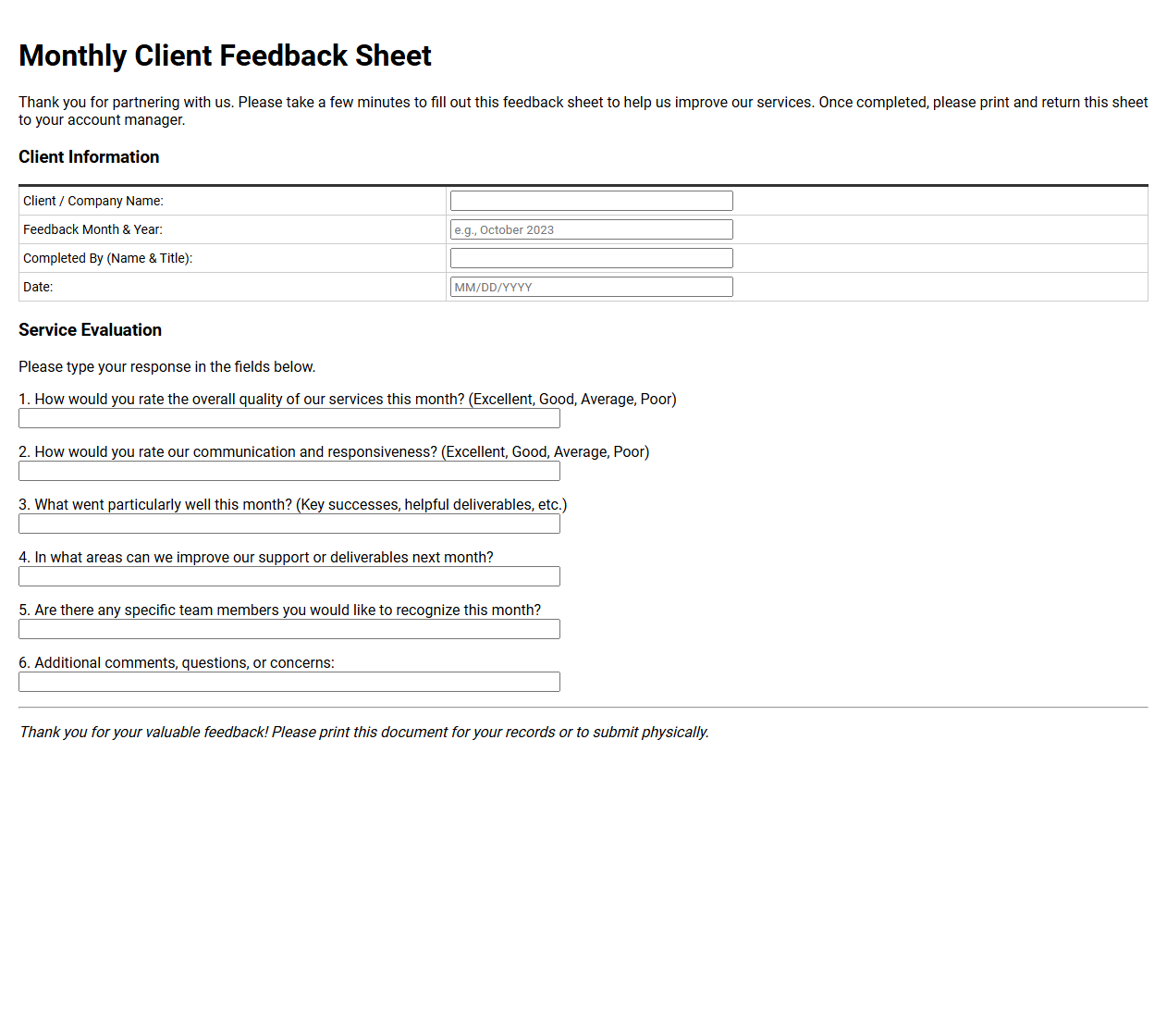 Monthly Client Feedback Sheet