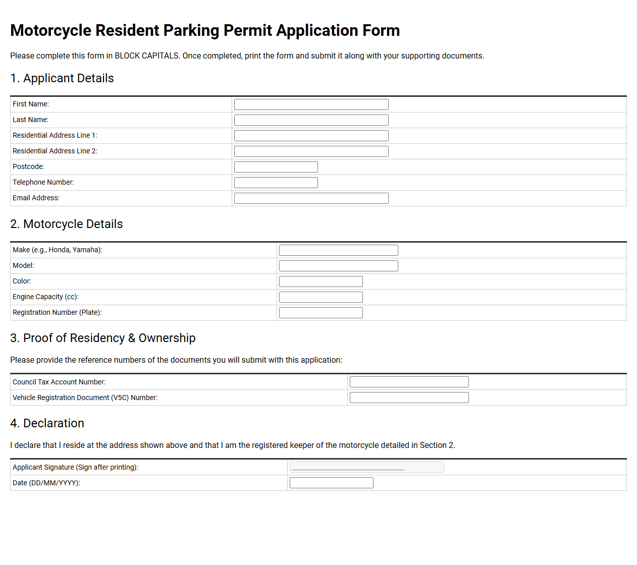 Motorcycle Resident Parking Permit Application Form