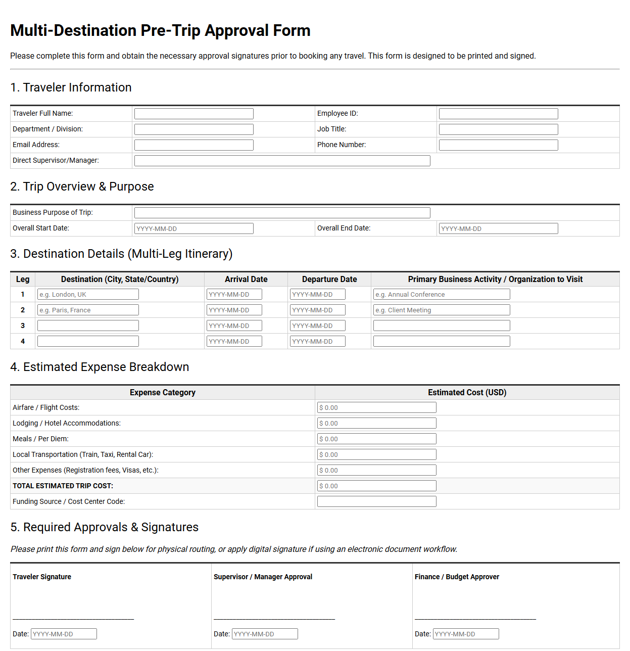 Multi-Destination Pre-Trip Approval Form