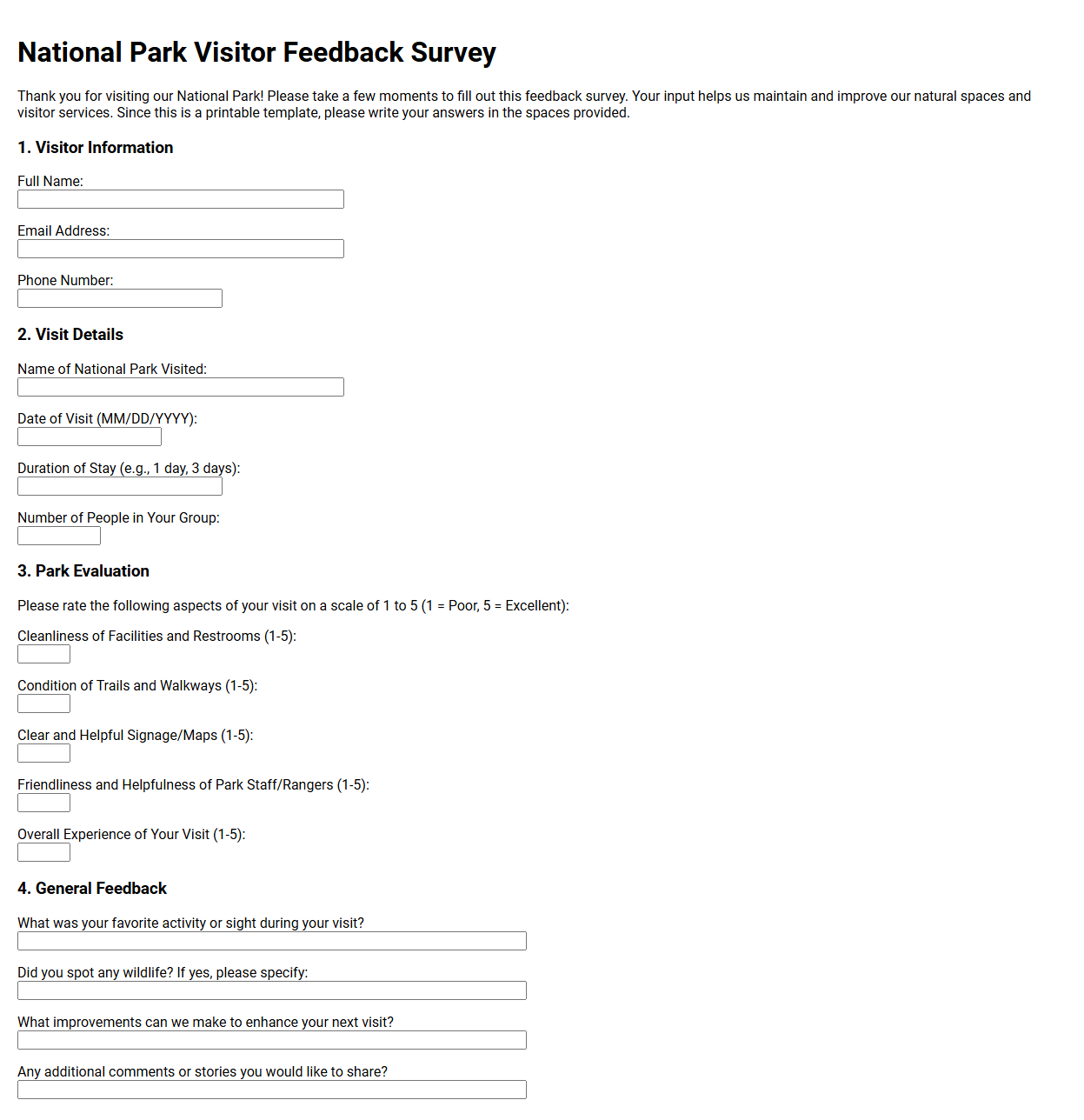 National Park Visitor Feedback Survey Template