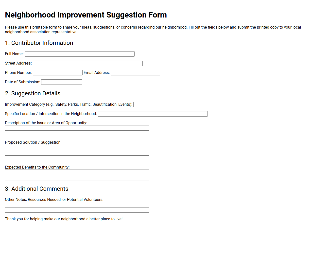Neighborhood Improvement Suggestion Form Template