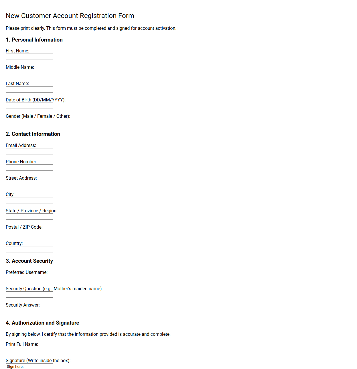New Customer Account Registration Form