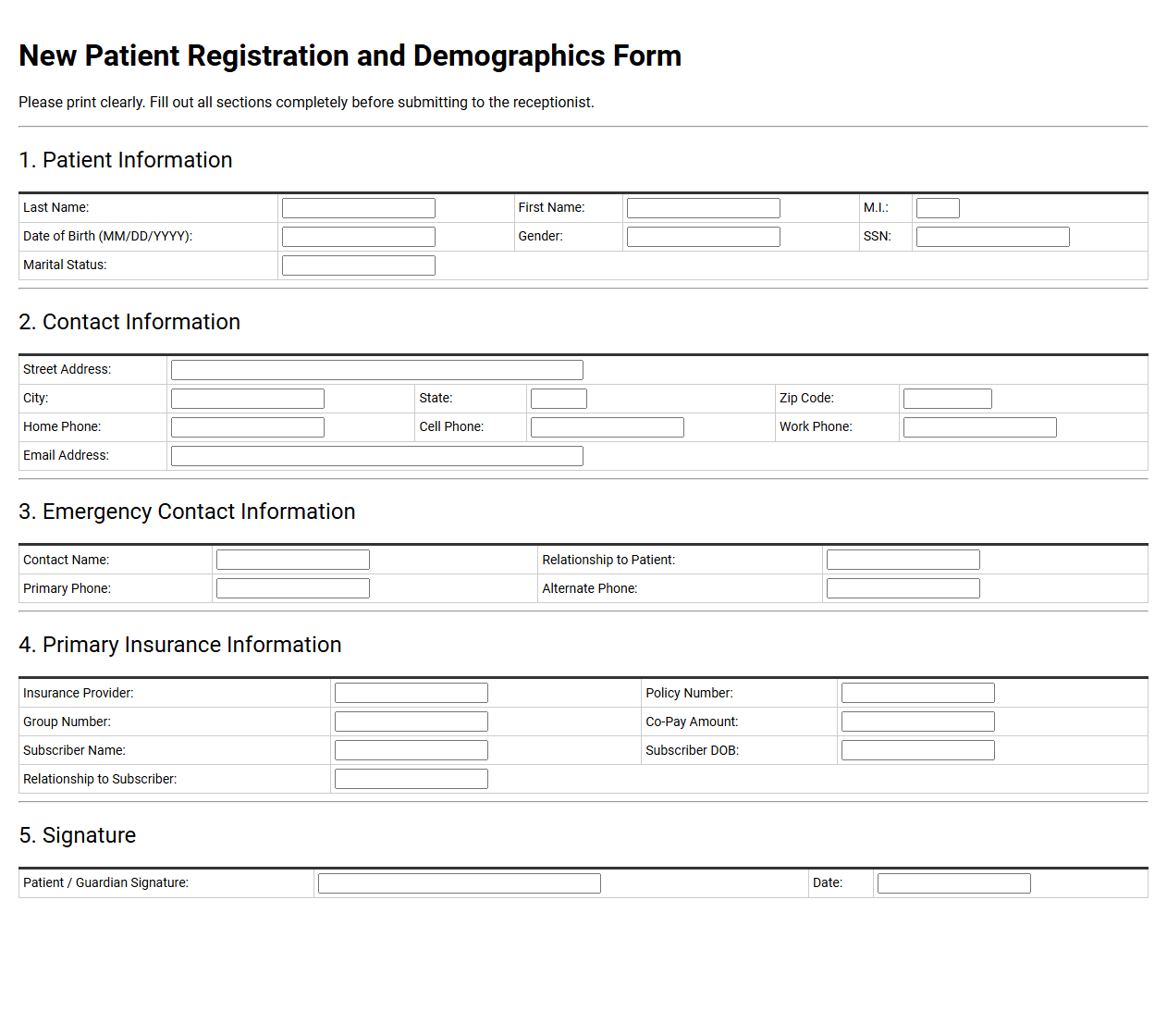 New Patient Registration and Demographics Form