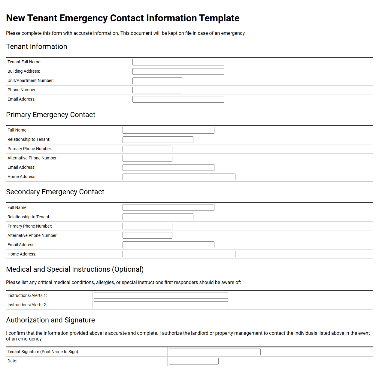 New Tenant Emergency Contact Information Template