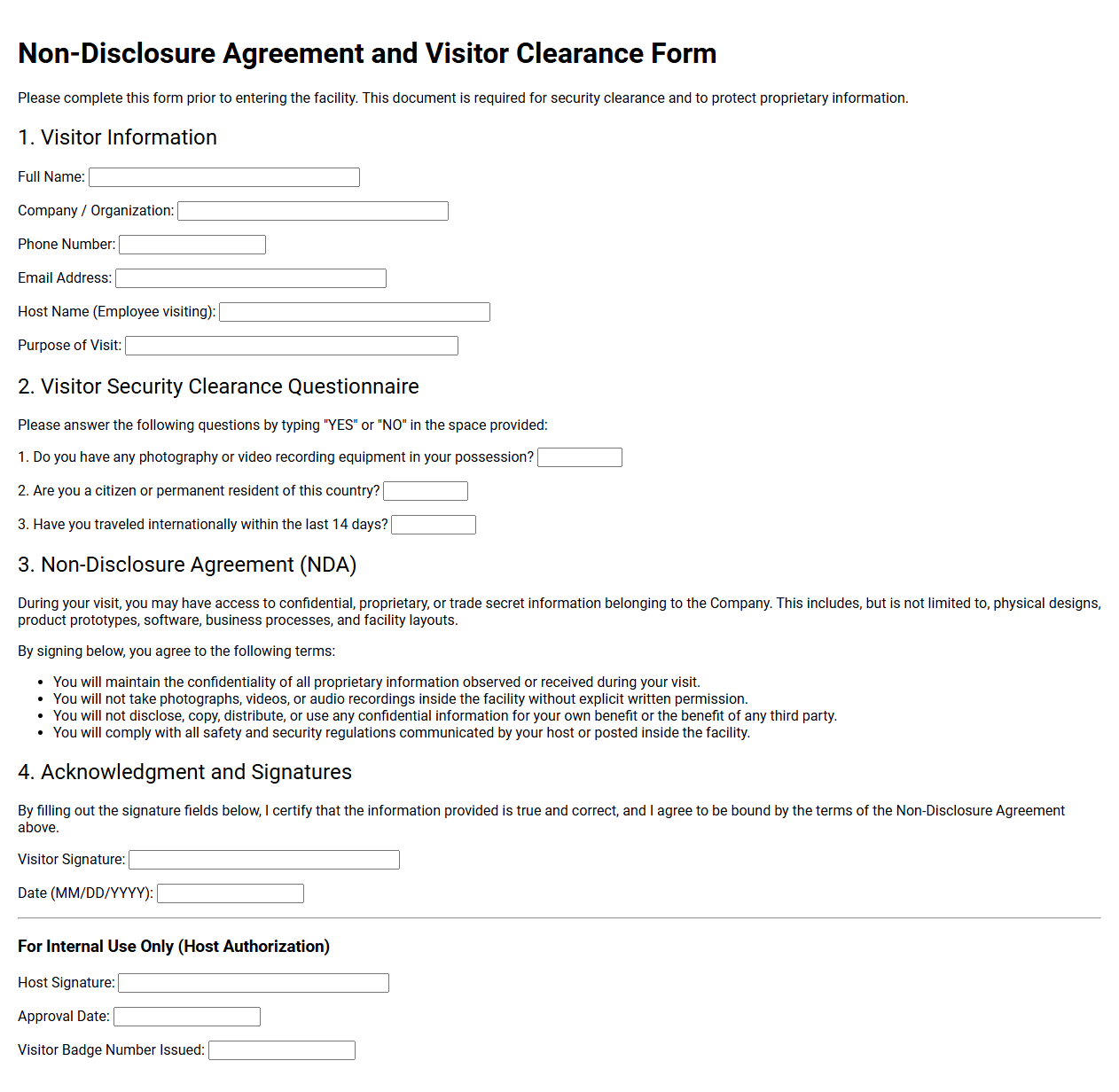 Non-Disclosure Agreement and Visitor Clearance Form