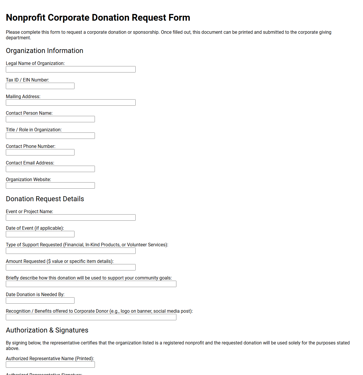 Nonprofit Corporate Donation Request Form
