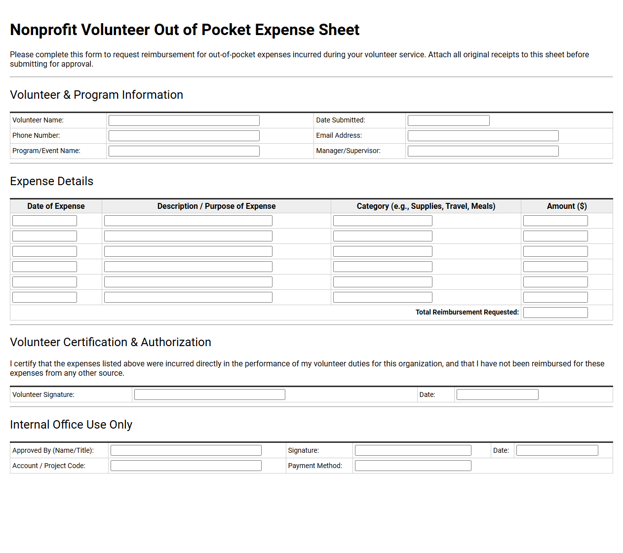 Nonprofit Volunteer Out of Pocket Expense Sheet