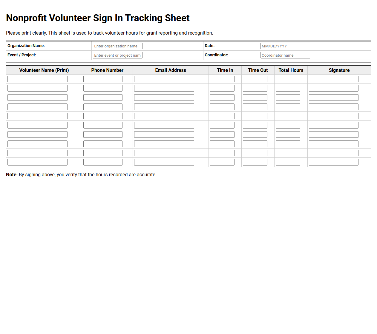 Nonprofit Volunteer Sign In Tracking Sheet