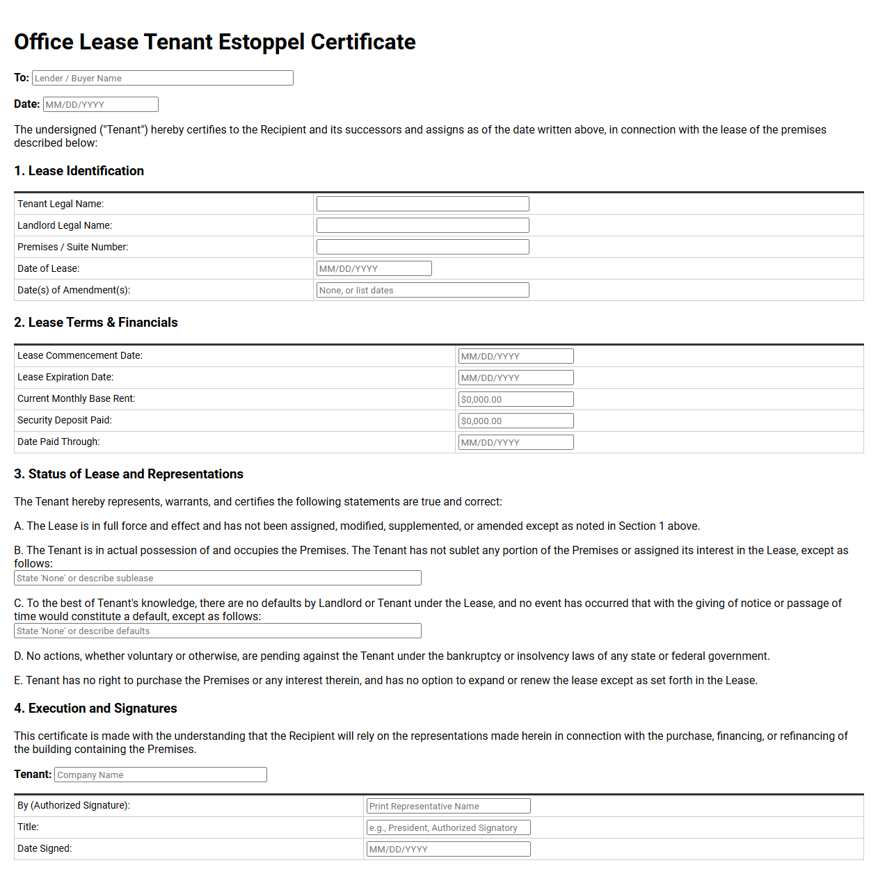 Office Lease Tenant Estoppel Certificate