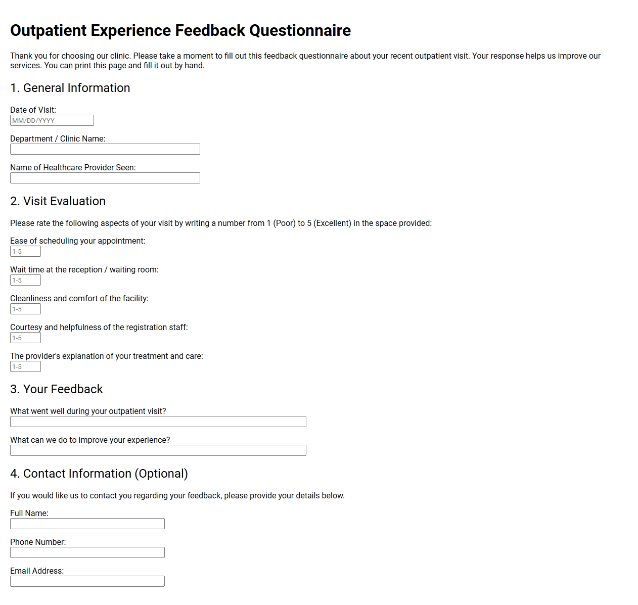 Outpatient Experience Feedback Questionnaire