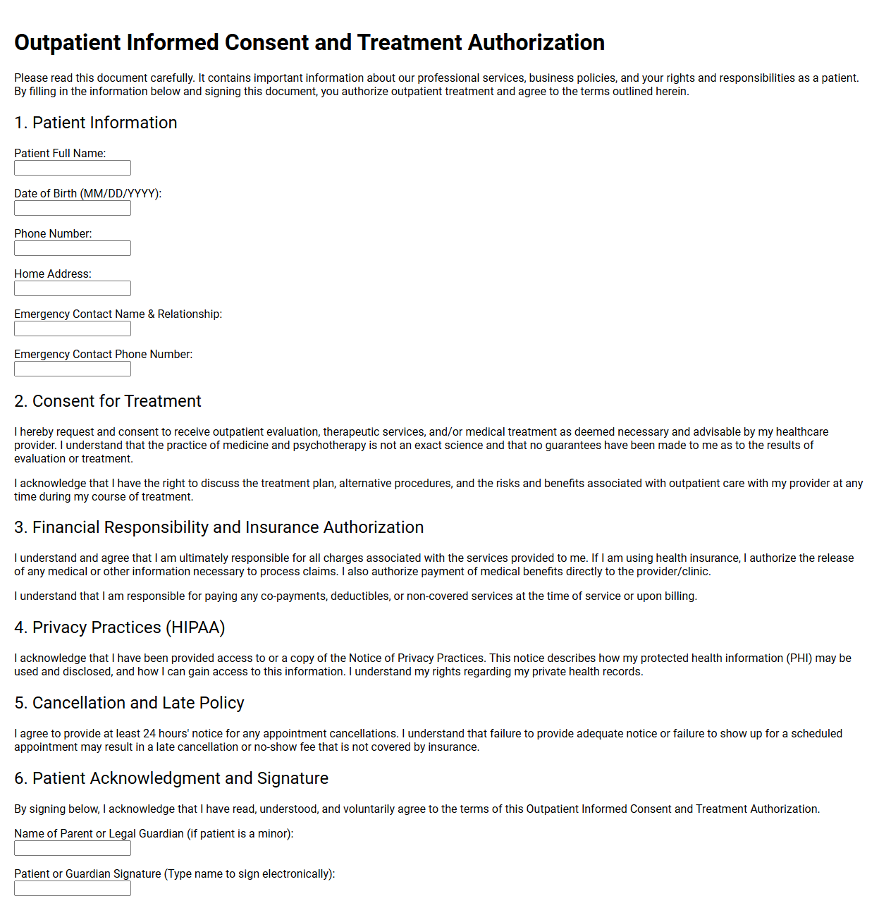 Outpatient Informed Consent and Treatment Authorization